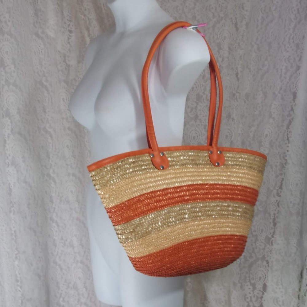 Fashion Vegan Straw Handbag Orange Gold Stripes NWOT